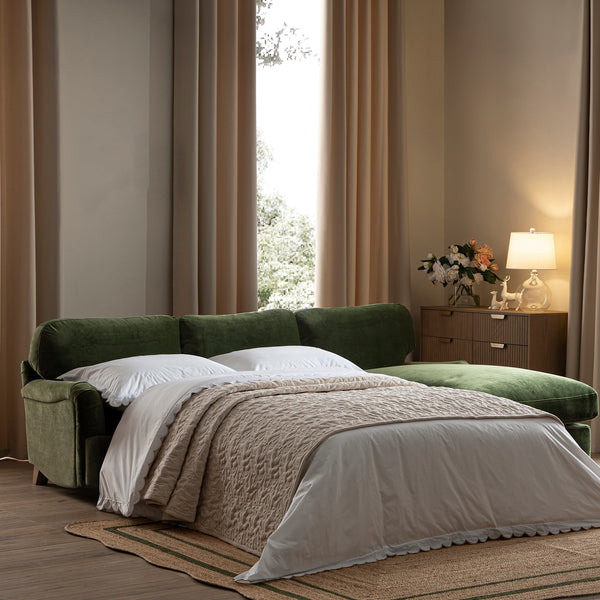 Daphnis Fern Green Velvet Sofa Bed, Grande Chaise Right Hand Facing