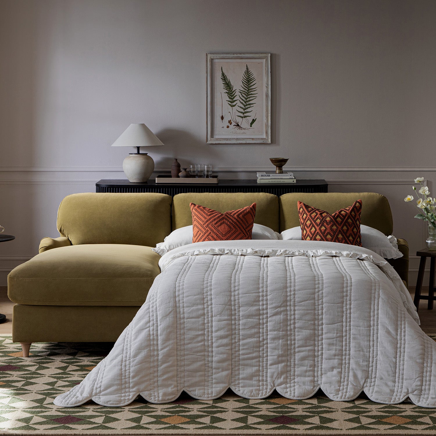 Daphnis Fudge Velvet Sofa Bed, Grande Chaise Left Hand Facing