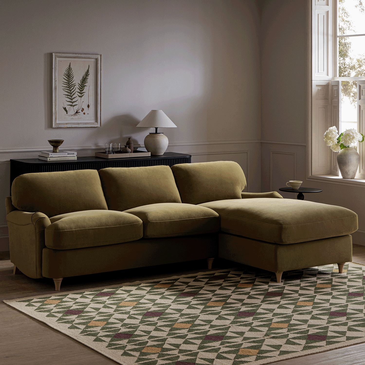 Daphnis Fudge Velvet Sofa Bed, Grande Chaise Right Hand Facing