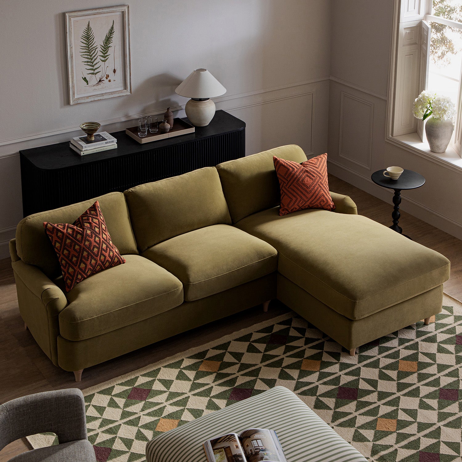 Daphnis Fudge Velvet Sofa Bed, Grande Chaise Right Hand Facing