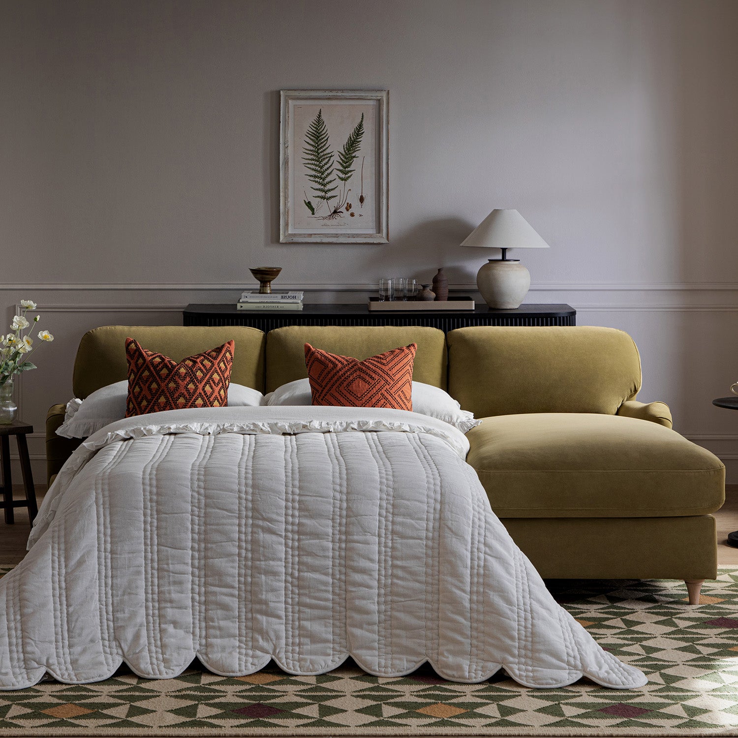 Daphnis Fudge Velvet Sofa Bed, Grande Chaise Right Hand Facing