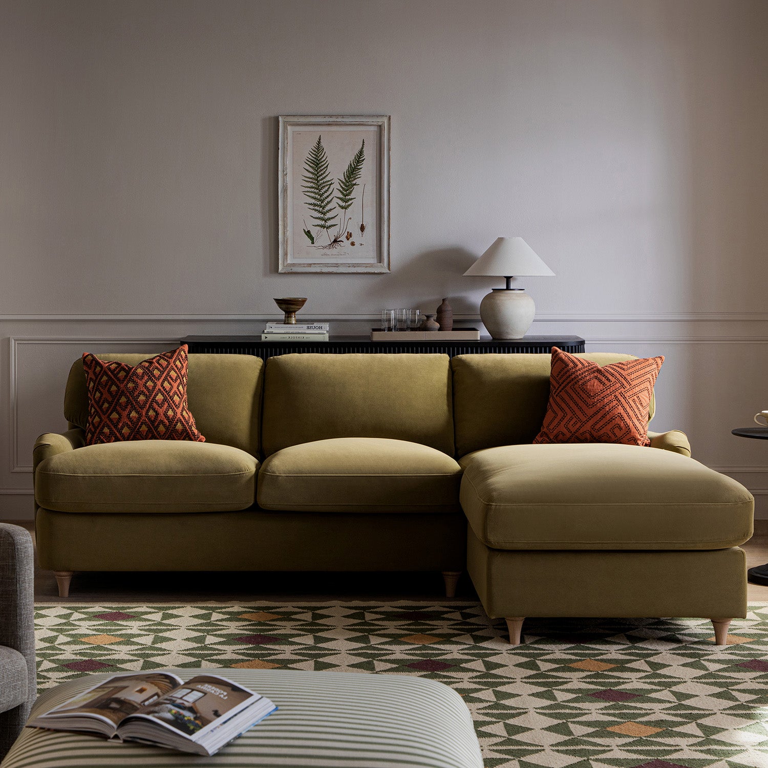 Daphnis Fudge Velvet Sofa Bed, Grande Chaise Right Hand Facing