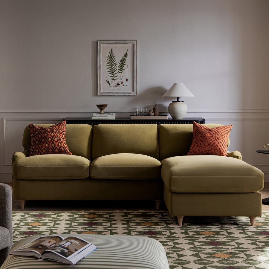 Daphnis Fudge Velvet Sofa Bed, Grande Chaise Right Hand Facing