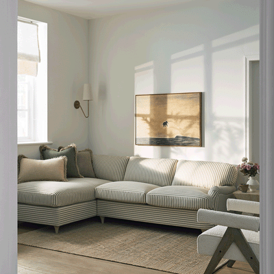 Daphnis Green Striped Linen Blend Sofa Bed, Grande Chaise Left Hand Facing