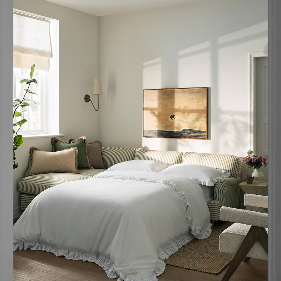 Daphnis Green Striped Linen Blend Sofa Bed, Grande Chaise Left Hand Facing