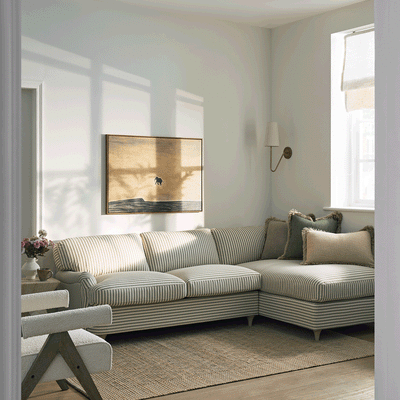 Daphnis Green Striped Linen Blend Sofa Bed, Grande Chaise Right Hand Facing