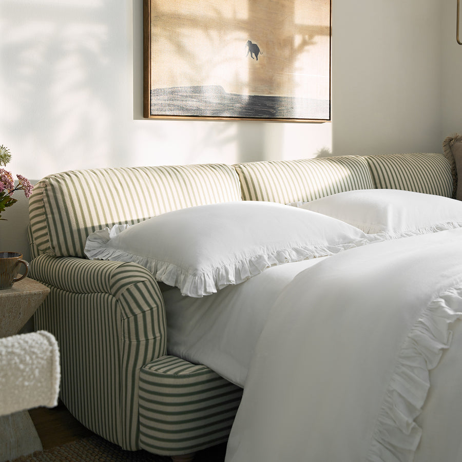 Daphnis Green Striped Linen Blend Sofa Bed, Grande Chaise Right Hand Facing