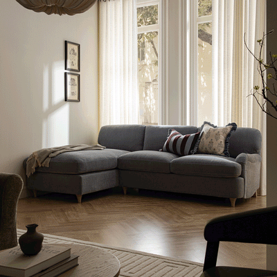 Daphnis Soft Blue Chenille Sofa Bed, Grande Chaise Left Hand Facing
