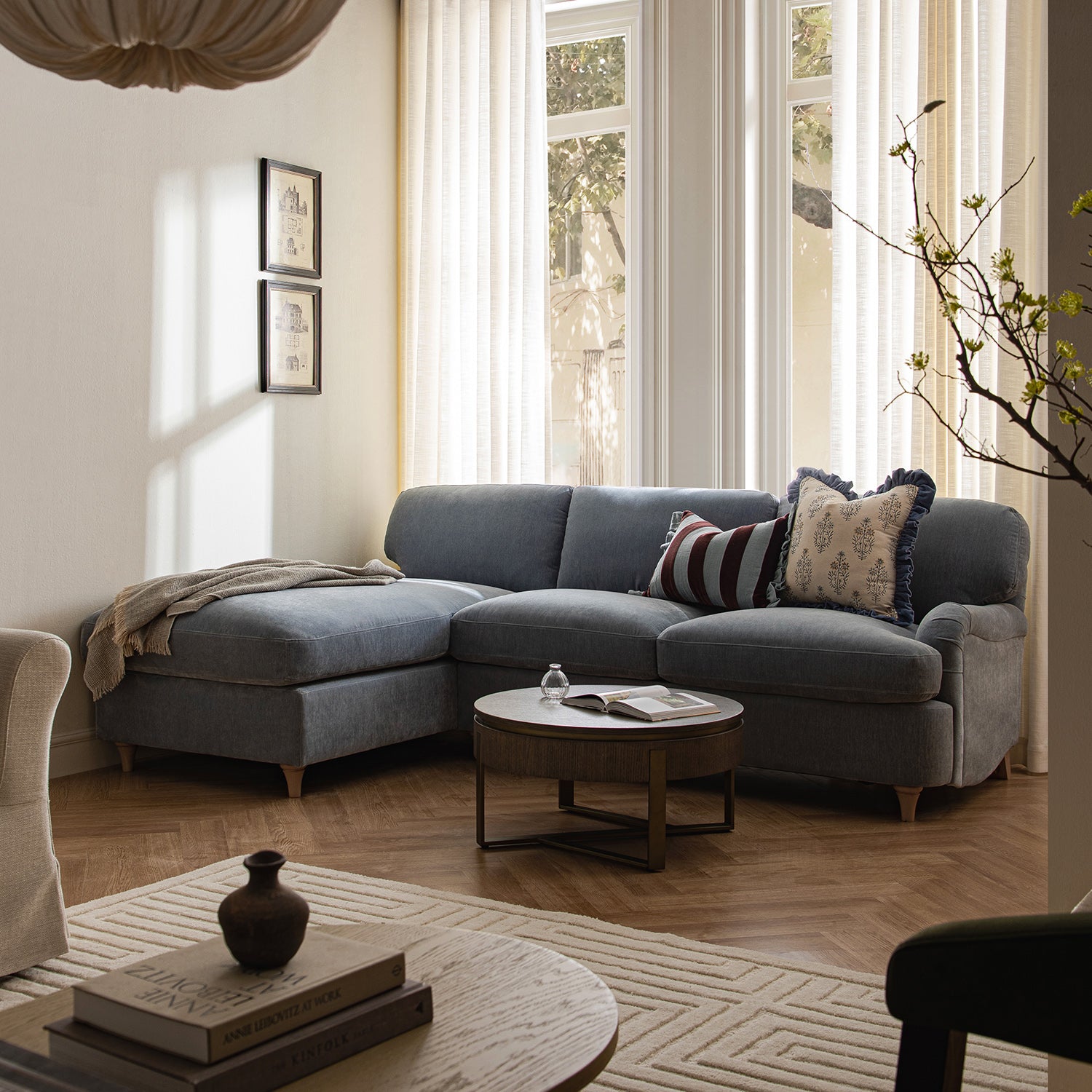 Daphnis Soft Blue Chenille Sofa Bed, Grande Chaise Left Hand Facing - daals