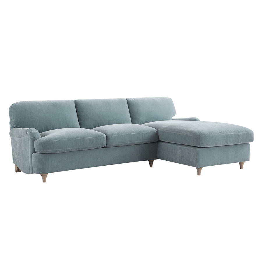 Daphnis Soft Blue Chenille Sofa Bed, Grande Chaise Right Hand Facing