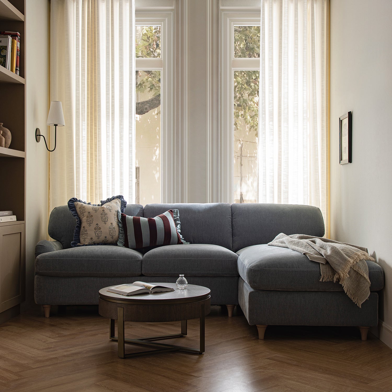 Daphnis Soft Blue Chenille Sofa Bed, Grande Chaise Right Hand Facing - daals