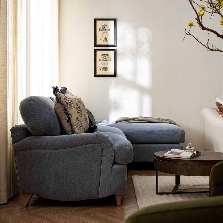 Daphnis Soft Blue Chenille Sofa Bed, Grande Chaise Right Hand Facing - daals