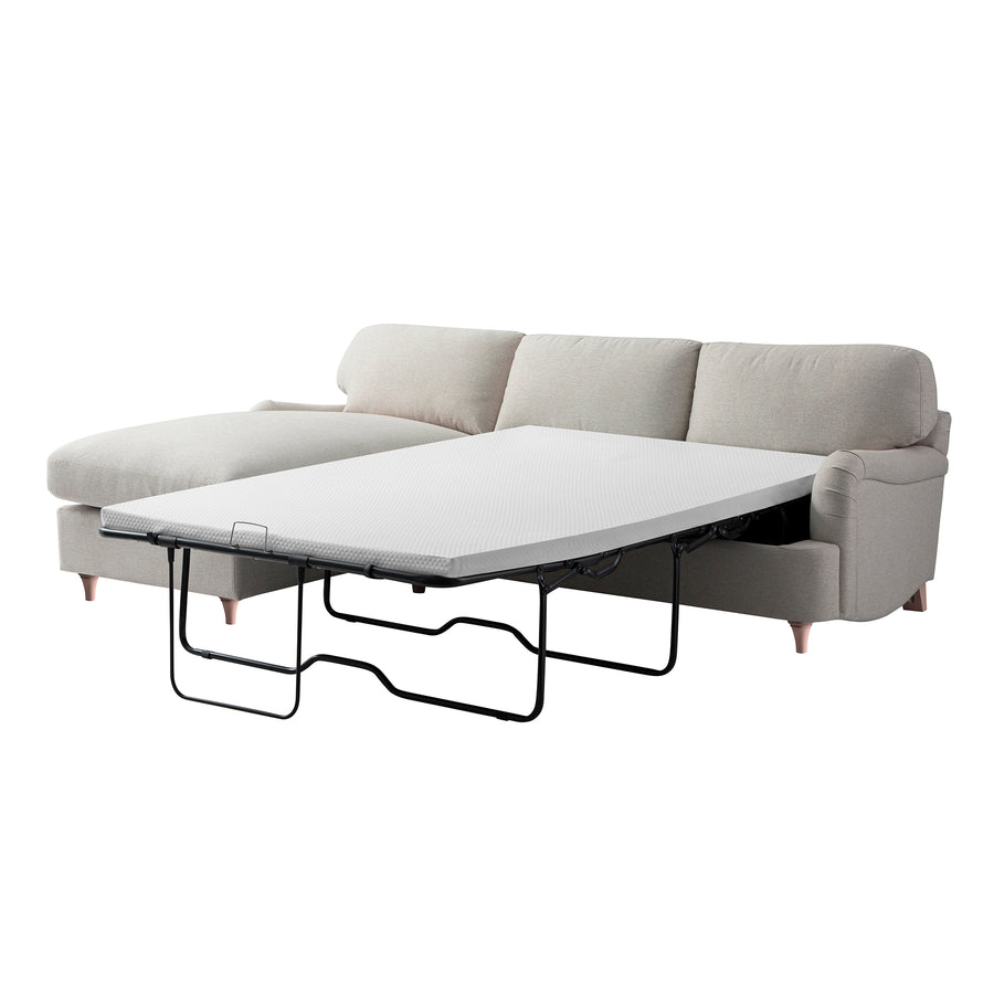 Daphnis Oatmeal Fabric Sofa Bed, Grande Chaise Left Hand Facing