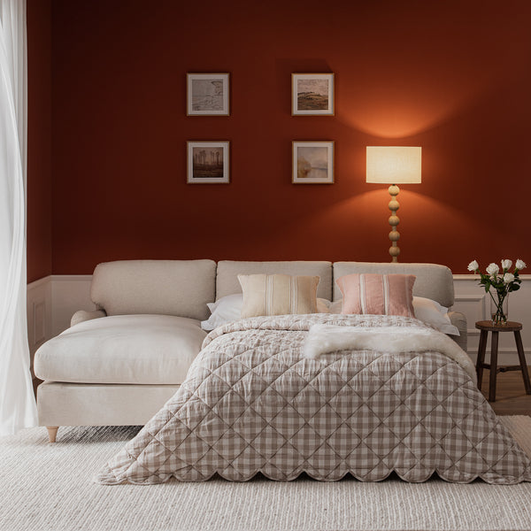 Daphnis Oatmeal Fabric Sofa Bed, Grande Chaise Left Hand Facing