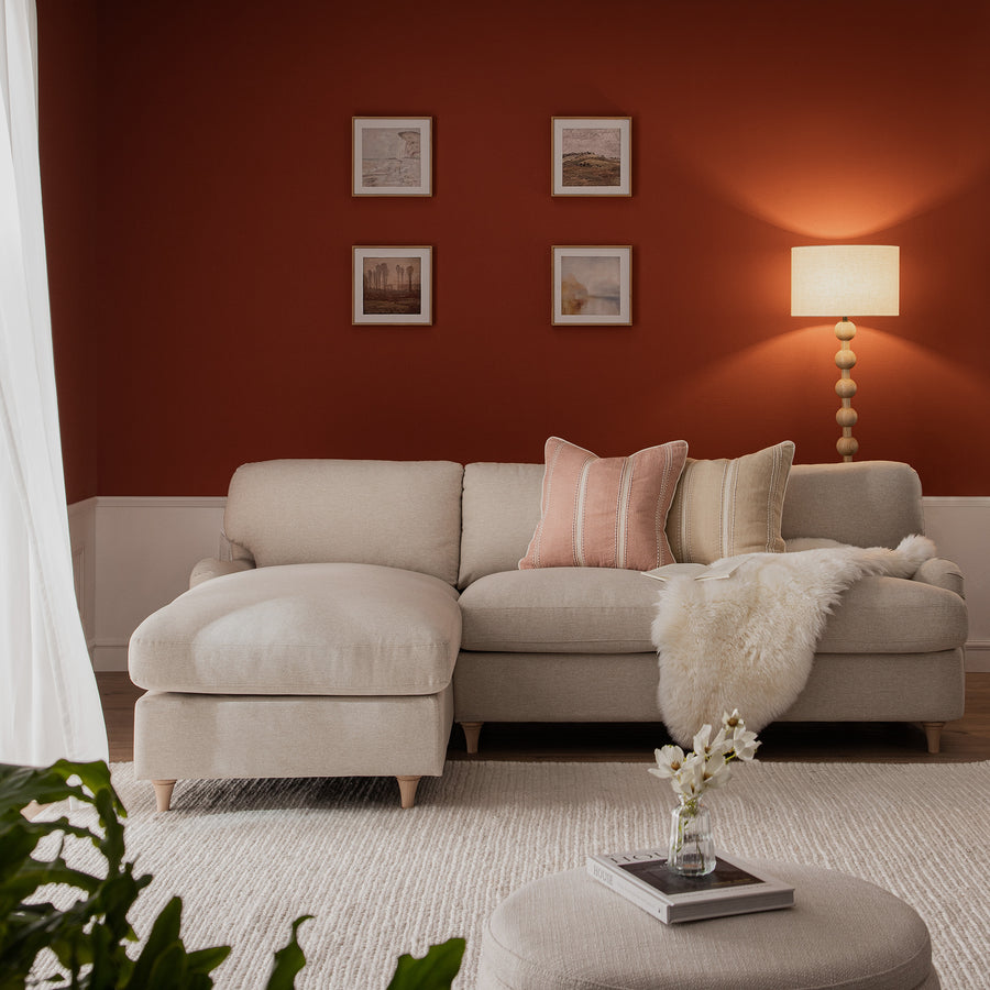 Daphnis Oatmeal Fabric Sofa Bed, Grande Chaise Left Hand Facing