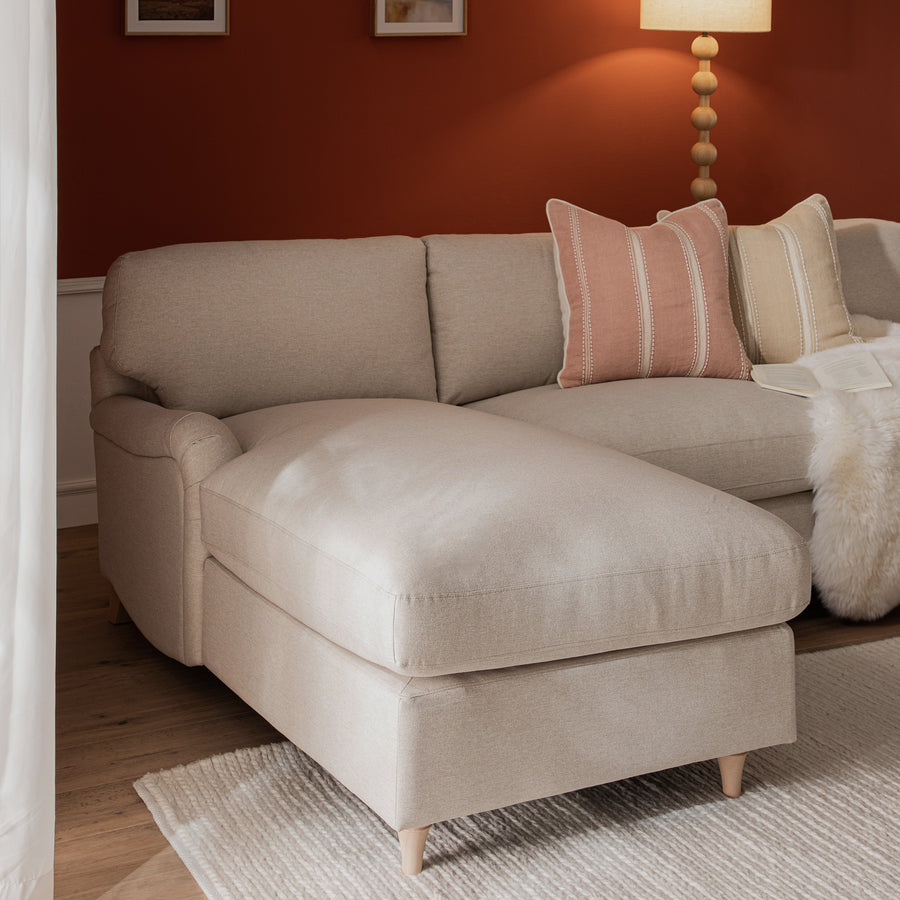 Daphnis Oatmeal Fabric Sofa Bed, Grande Chaise Left Hand Facing