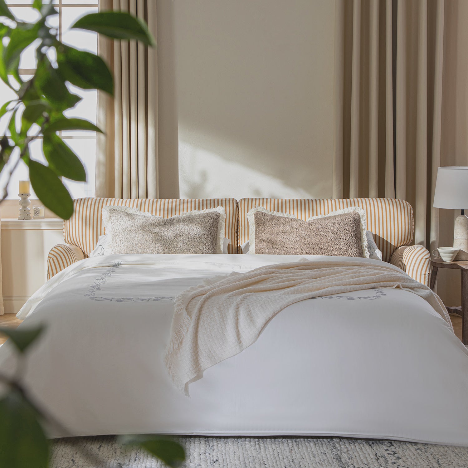 Daphnis Ochre Striped Linen Blend Sofa Bed, Large 3-Seater