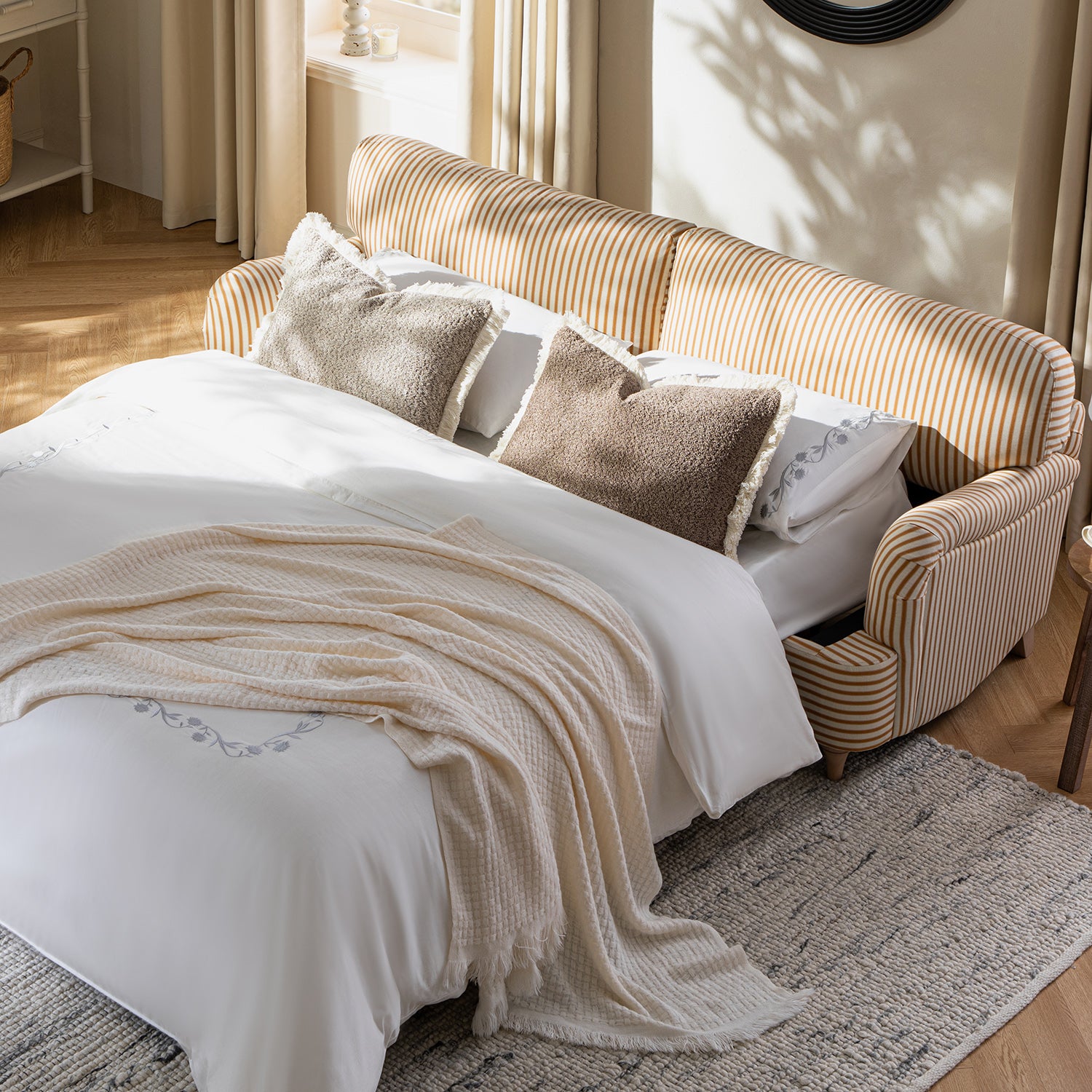 Daphnis Ochre Striped Linen Blend Sofa Bed, Large 3-Seater