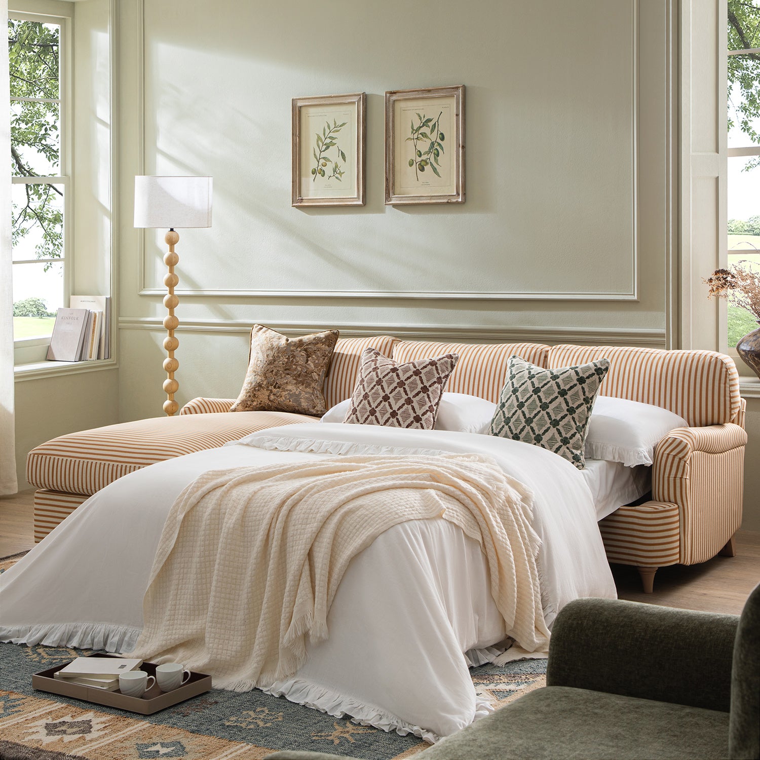 Daphnis Ochre Striped Linen Blend Sofa Bed, Grande Chaise Left Hand Facing