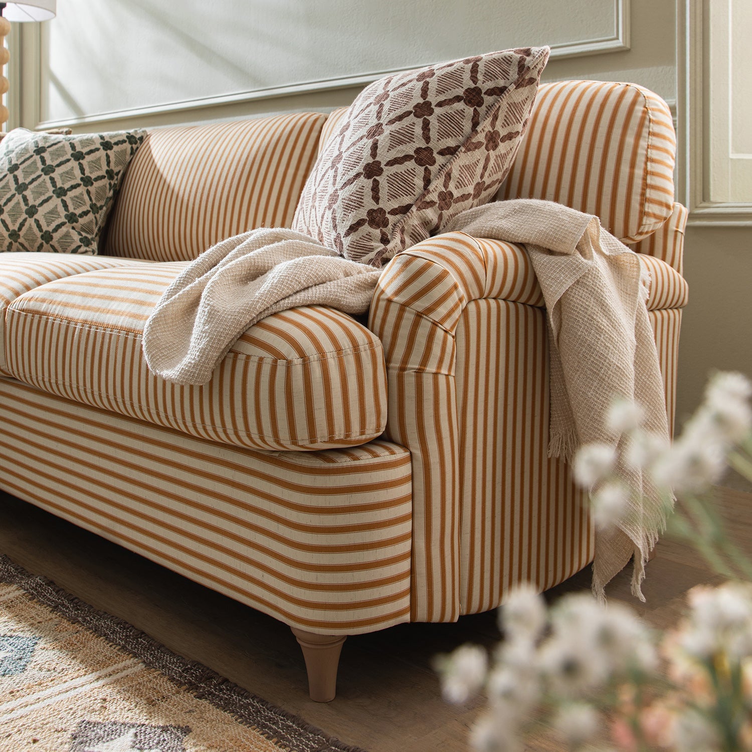 Daphnis Ochre Striped Linen Blend Sofa Bed, Grande Chaise Left Hand Facing