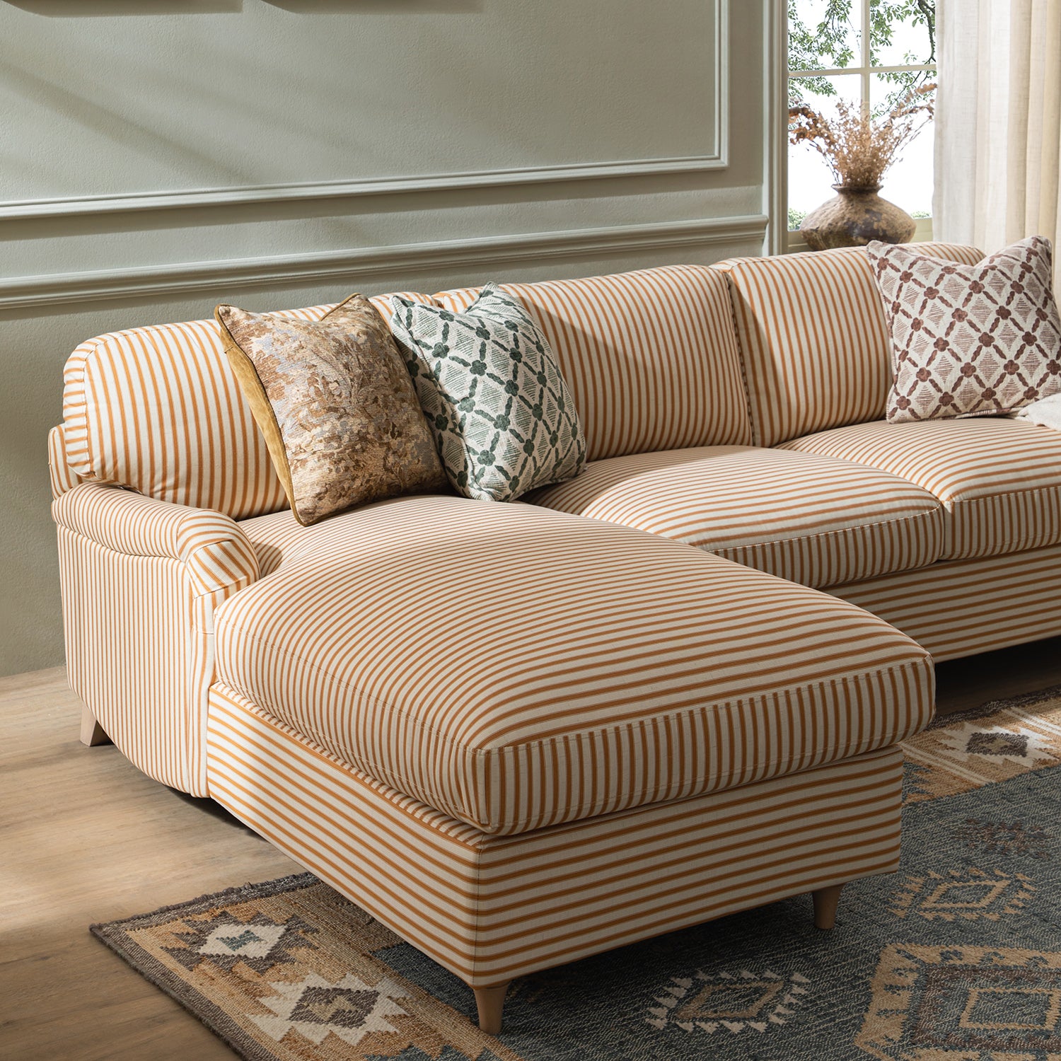 Daphnis Ochre Striped Linen Blend Sofa Bed, Grande Chaise Left Hand Facing