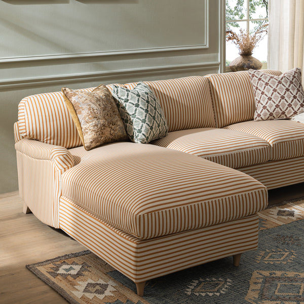 Daphnis Ochre Striped Linen Blend Sofa Bed, Grande Chaise Left Hand Facing - daals