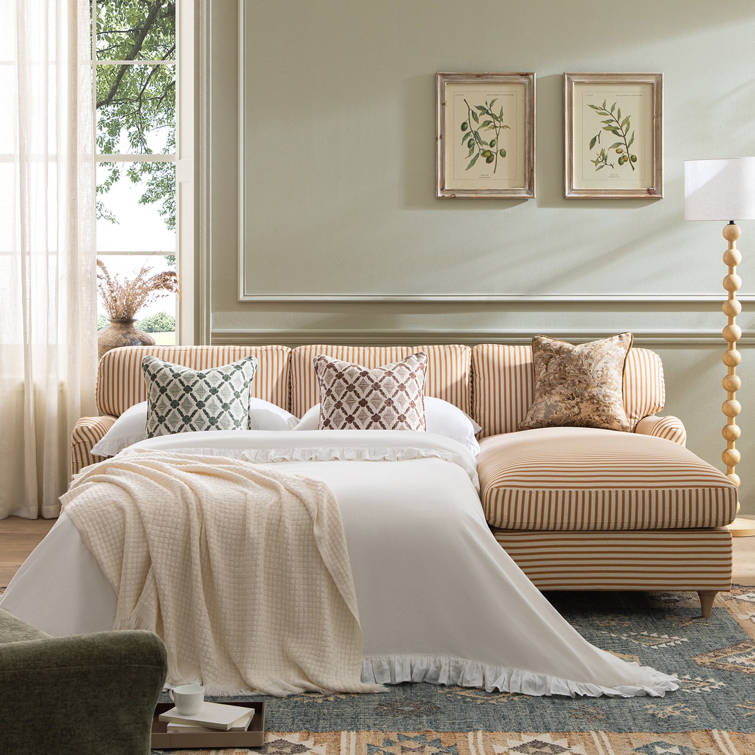 Daphnis Ochre Striped Linen Blend Sofa Bed, Grande Chaise Right Hand Facing - daals