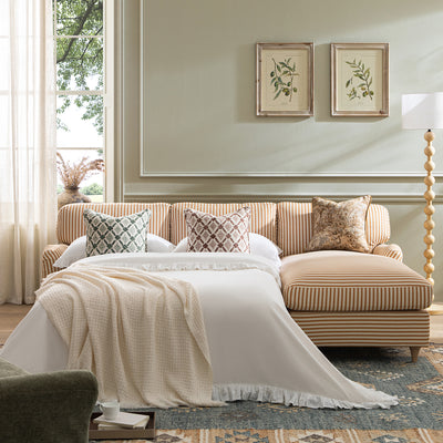 Daphnis Ochre Striped Linen Blend Sofa Bed, Grande Chaise Right Hand Facing