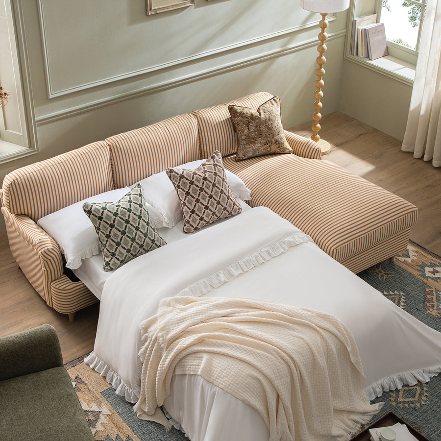 Daphnis Ochre Striped Linen Blend Sofa Bed, Grande Chaise Right Hand Facing