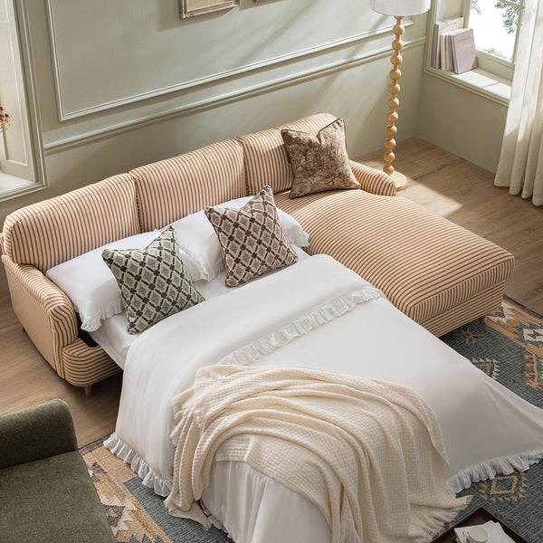 Daphnis Ochre Striped Linen Blend Sofa Bed, Grande Chaise Right Hand Facing - daals