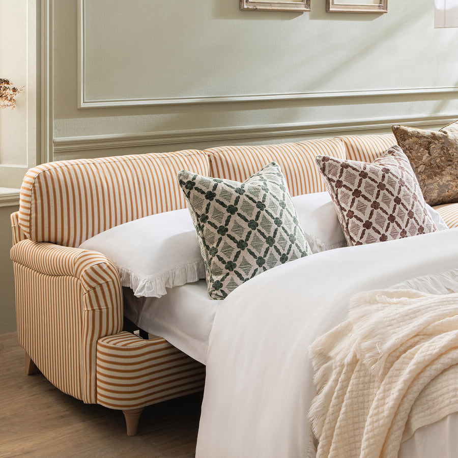 Daphnis Ochre Striped Linen Blend Sofa Bed, Grande Chaise Right Hand Facing