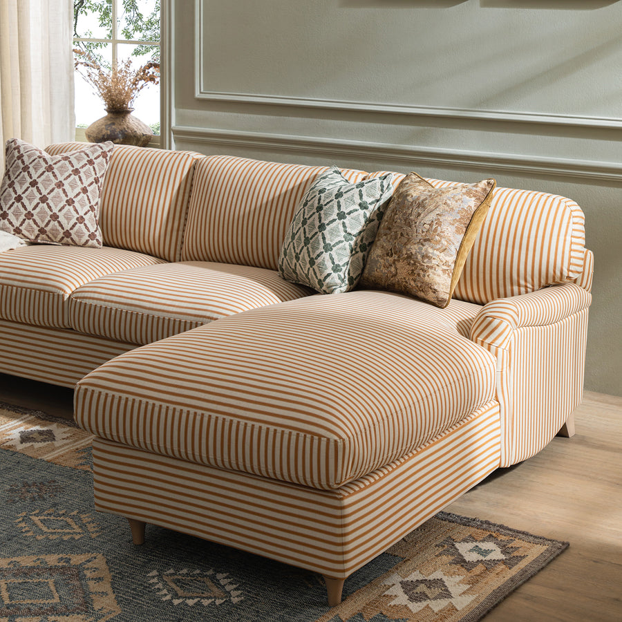 Daphnis Ochre Striped Linen Blend Sofa Bed, Grande Chaise Right Hand Facing