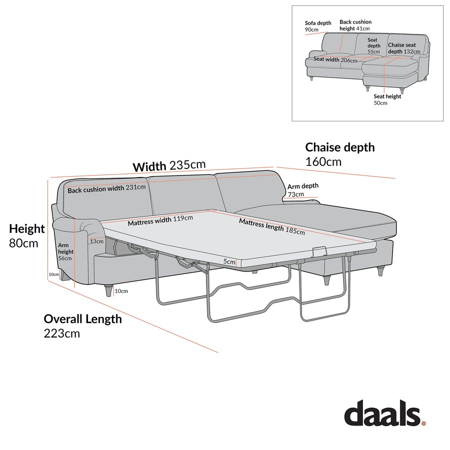 Daphnis Cinnamon Velvet Sofa Bed, Grande Chaise Sofa Right Hand Facing