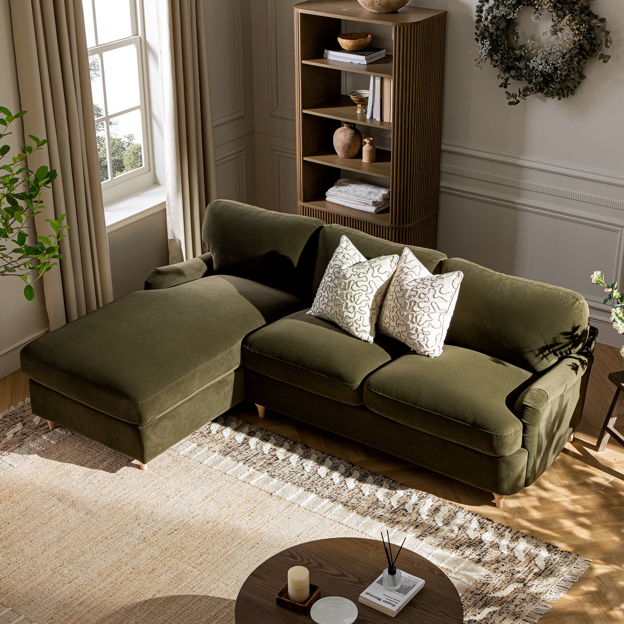 Daphnis Seaweed Velvet Sofa Bed, Grande Chaise Left Hand Facing