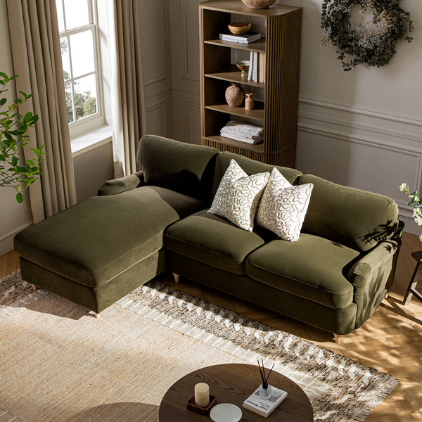 Daphnis Seaweed Velvet Sofa Bed, Grande Chaise Left Hand Facing