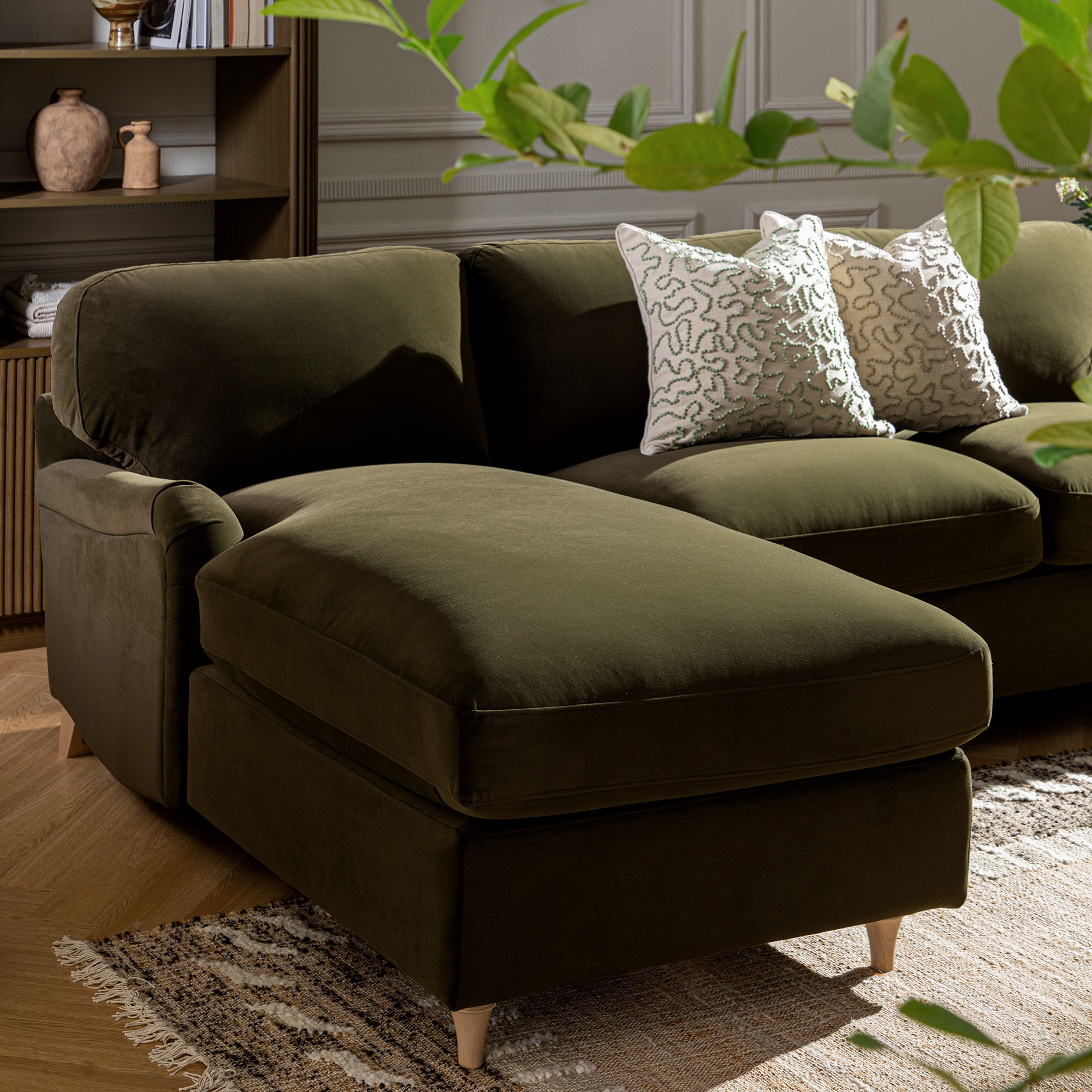 Daphnis Seaweed Velvet Sofa Bed, Grande Chaise Left Hand Facing