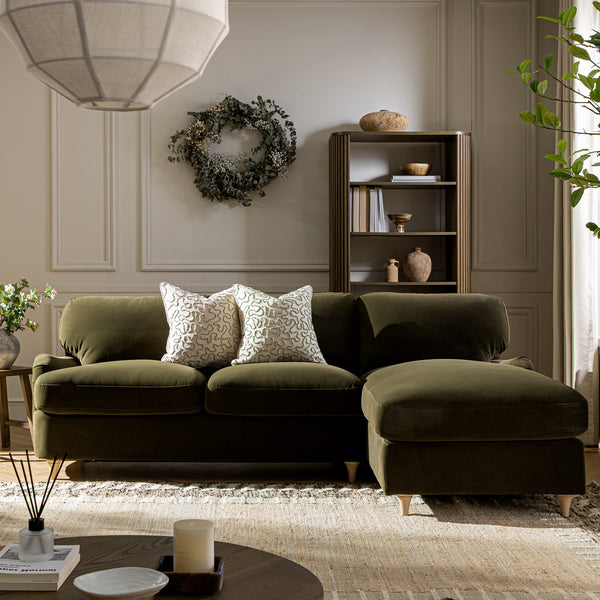 Daphnis Seaweed Velvet Sofa Bed, Grande Chaise Right Hand Facing