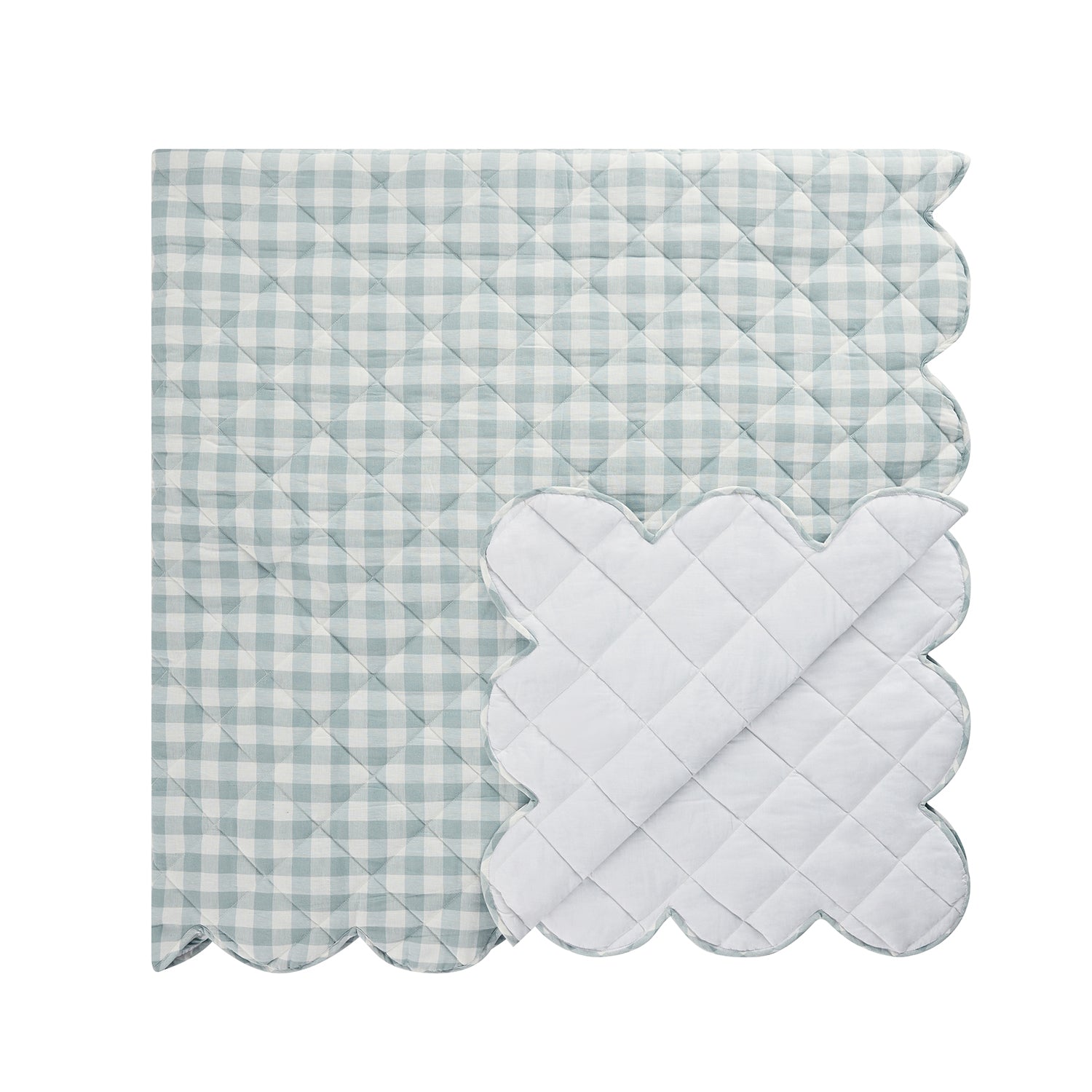 Matilda Blue Gingham Scallop Quilted Linen Blend Bedspread