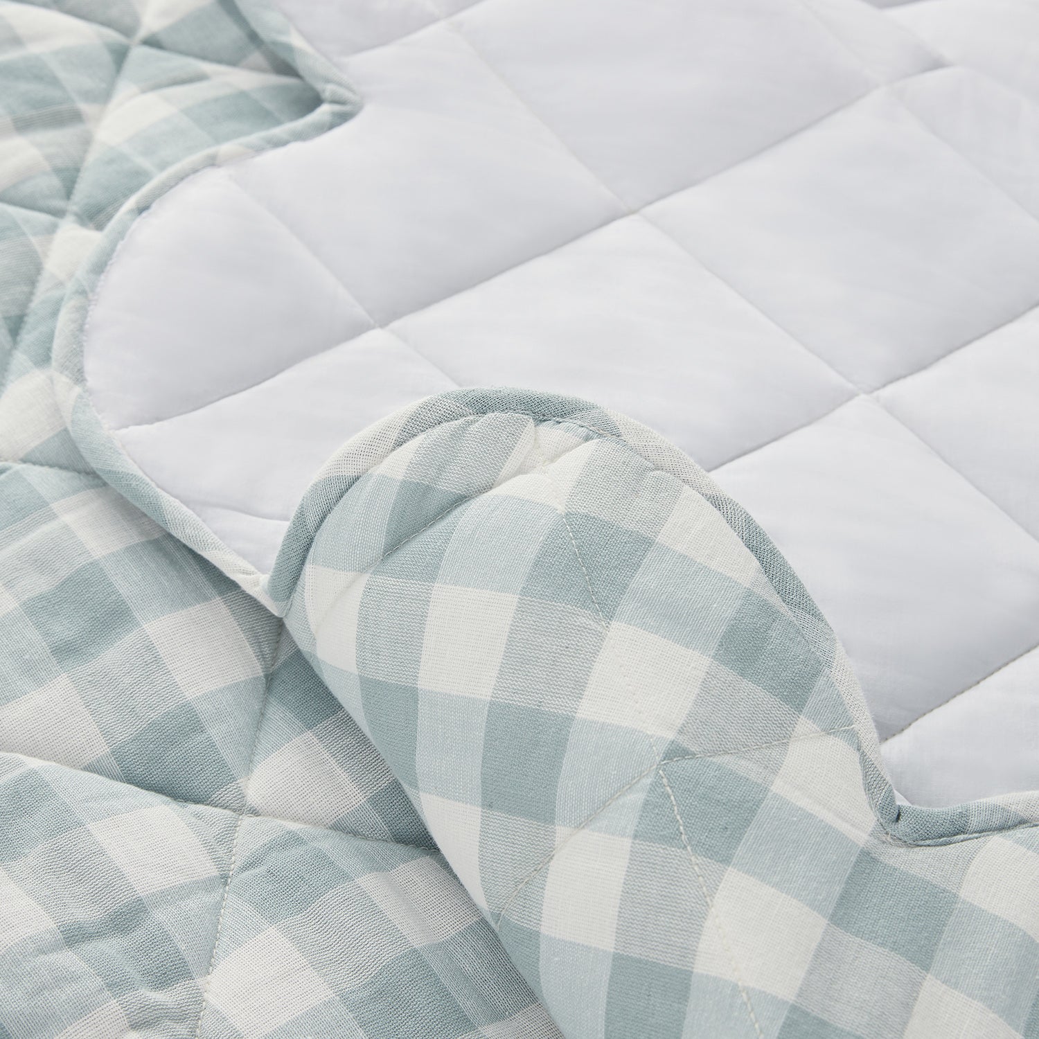 Matilda Blue Gingham Scallop Quilted Linen Blend Bedspread