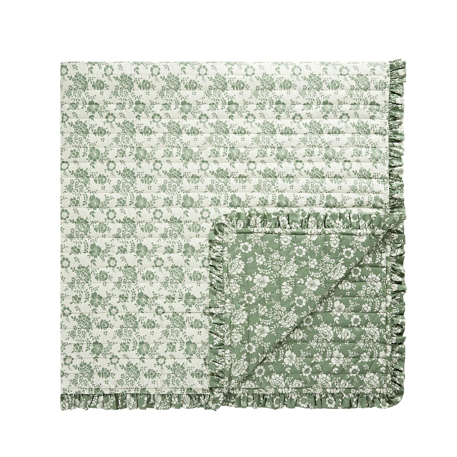 Willow Sage Green & Ivory Floral Ruffle Quilted Reversible Cotton Bedspread
