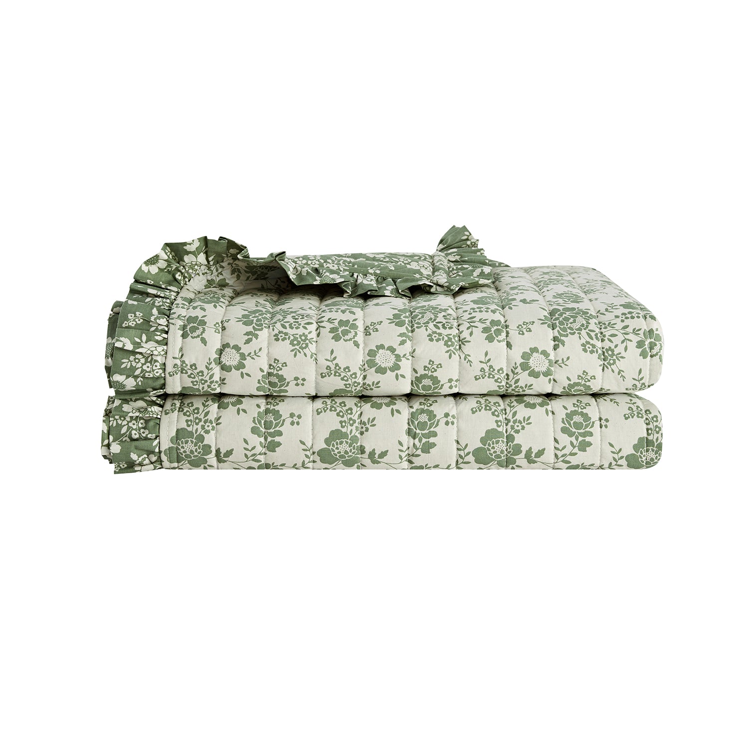 Willow Sage Green & Ivory Floral Ruffle Quilted Reversible Cotton Bedspread
