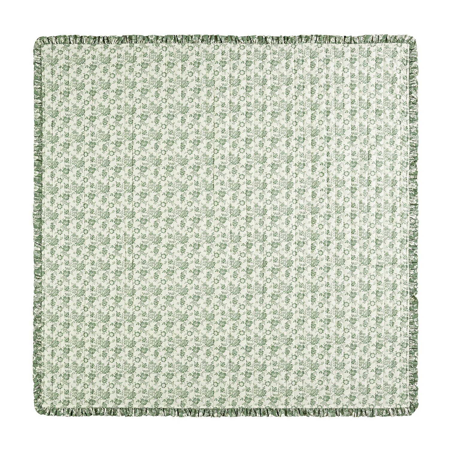 Willow Sage Green & Ivory Floral Ruffle Quilted Reversible Cotton Bedspread
