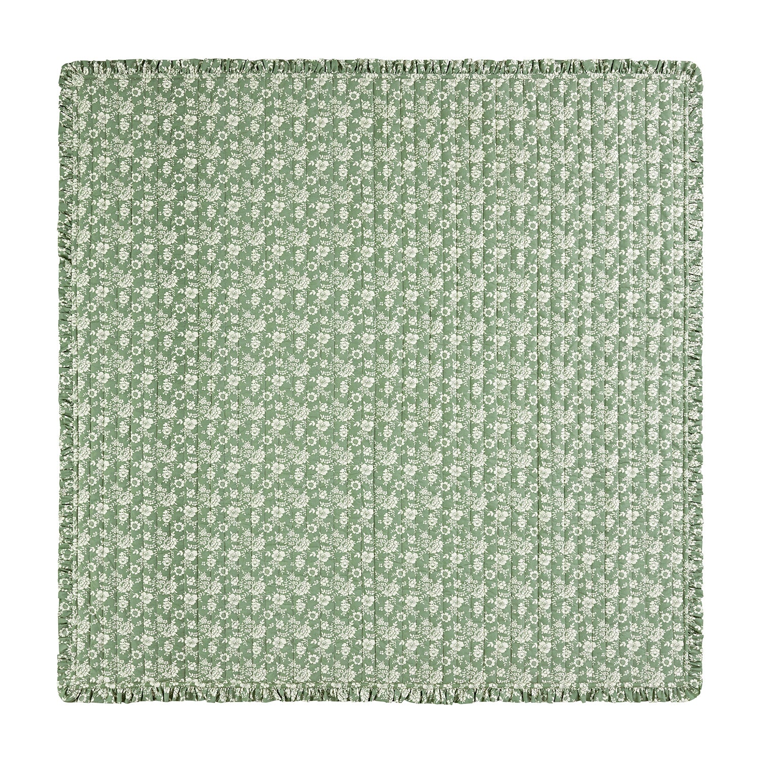 Willow Sage Green & Ivory Floral Ruffle Quilted Reversible Cotton Bedspread