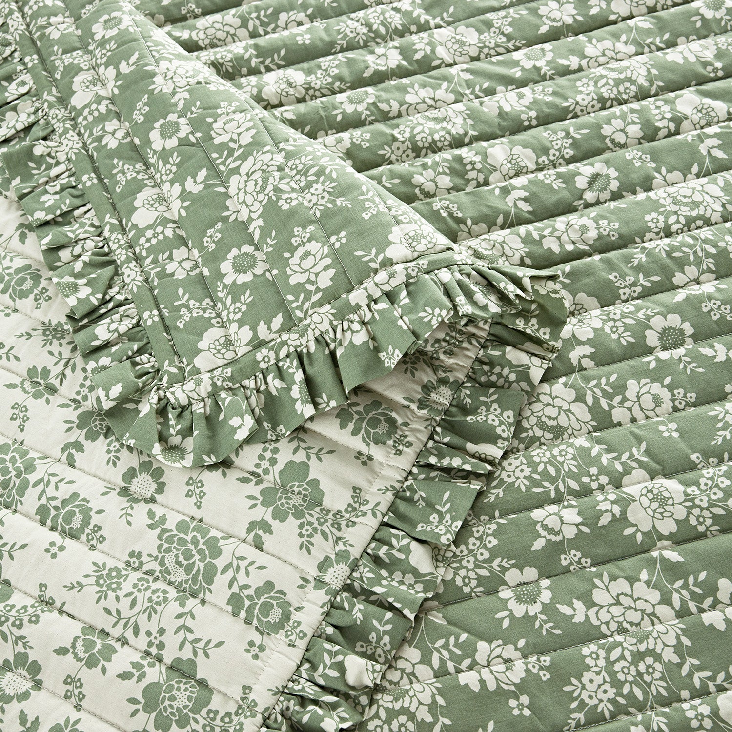 Willow Sage Green & Ivory Floral Ruffle Quilted Reversible Cotton Bedspread