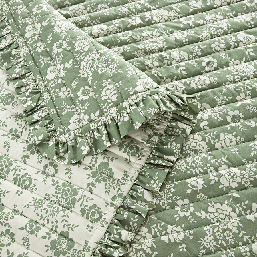 Willow Sage Green & Ivory Floral Ruffle Quilted Reversible Cotton Bedspread