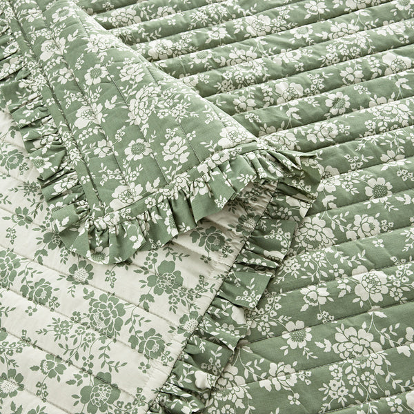 Willow Sage Green & Ivory Floral Ruffle Quilted Reversible Cotton Bedspread - daals