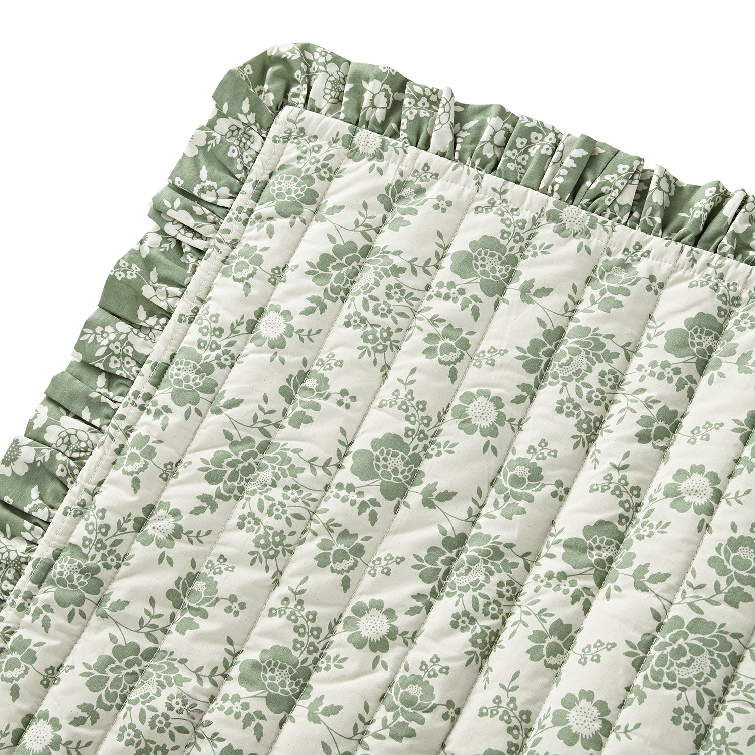 Willow Sage Green & Ivory Floral Ruffle Quilted Reversible Cotton Bedspread