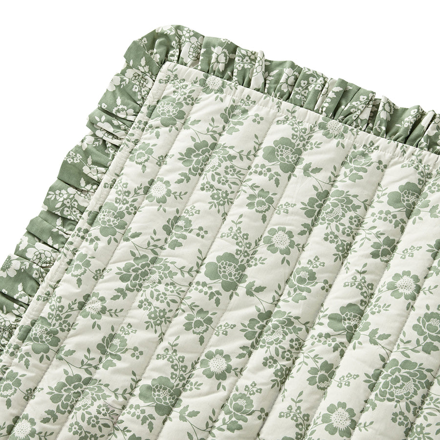 Willow Sage Green & Ivory Floral Ruffle Quilted Reversible Cotton Bedspread