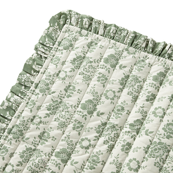 Willow Sage Green & Ivory Floral Ruffle Quilted Reversible Cotton Bedspread - daals