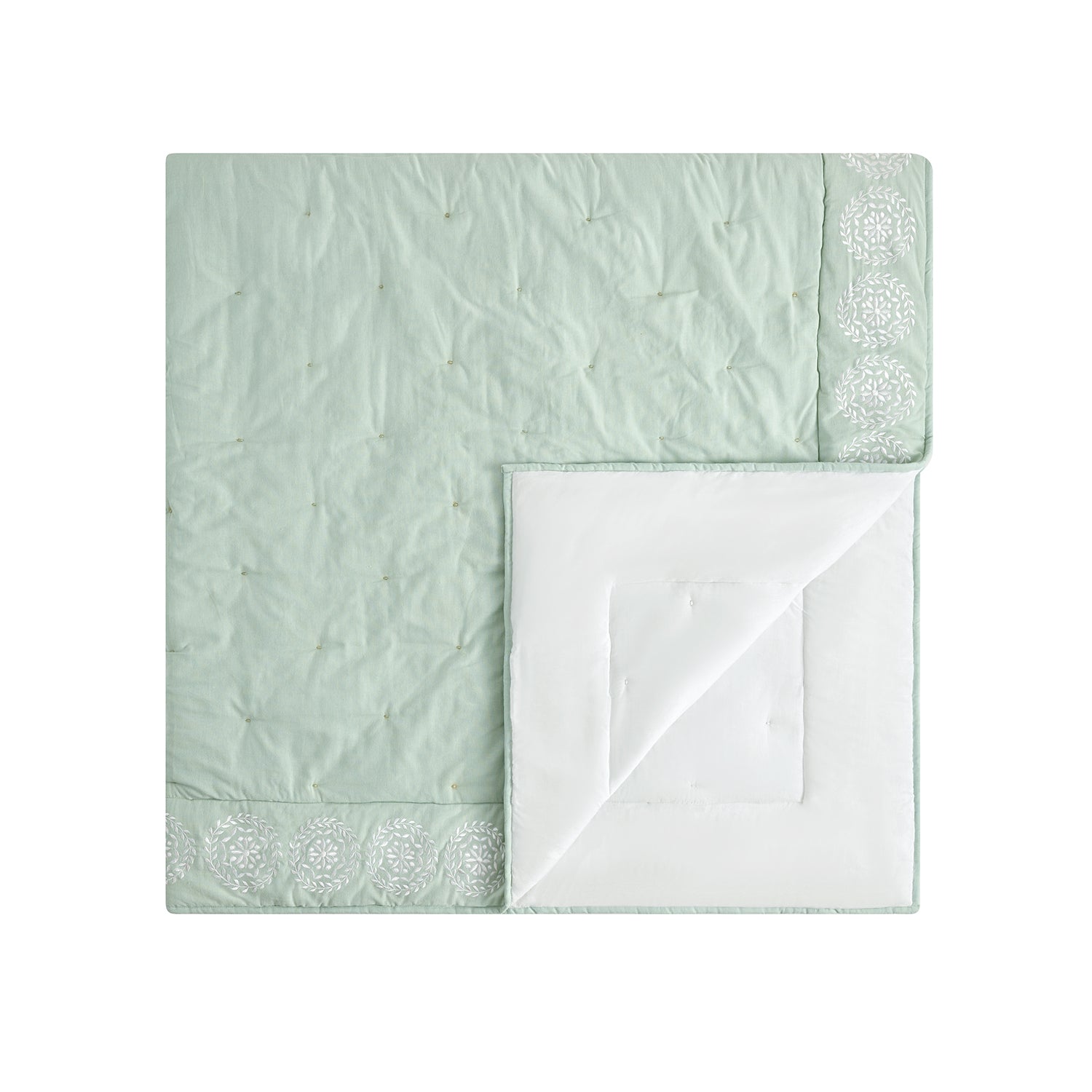 Elodie Seafoam Green Floral Embroidered Quilted Linen Blend Bedspread